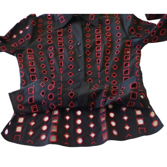 Samuel Dong Top Button Down Geometric Burnout Black And Red Small - Picture 6 of 9